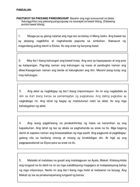 Pagbibigay ng pangunahing diwa talata worksheet for grade 2